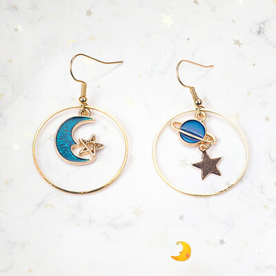 

1 Pair Fashion Blue Star Moon Star Stud Earrings For Women Gold Color Universe Planet Circle Asymmetry Long Earrings