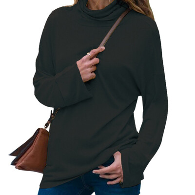 

2019 Autumn Fashion Women Solid color High collar Long sleeves Casual Loose T-shirt