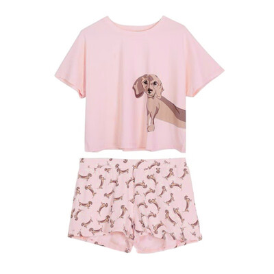 

Women Summer Fashion Concise Casual All-match Round Collar Cartoon Pattern T-shirt&pants Set
