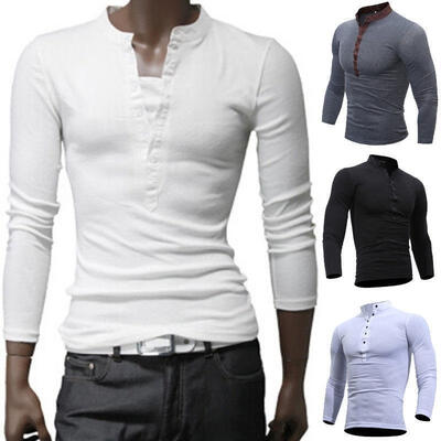 

Hot Casual Men Autumn Cotton Muscle Tee Slim T-Shirt Long Sleeve Linen Shirt Solid Color Tops