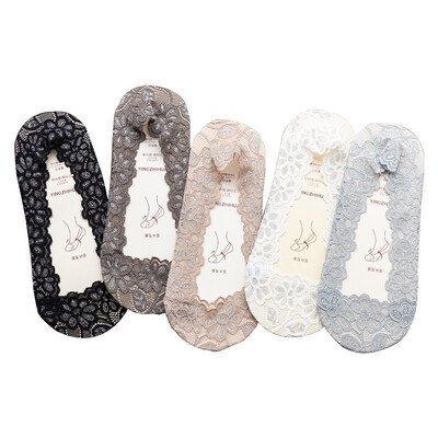 

EBUFANG 5 pairs adult female socks summer ultra-thin lace invisible 360 ° silicone anti-off socks 10312
