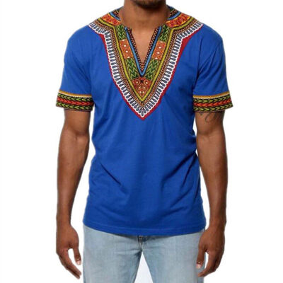 

African Tribal Shirt Men Short Sleeve Dashiki Print Succinct Hippie Top Blouse