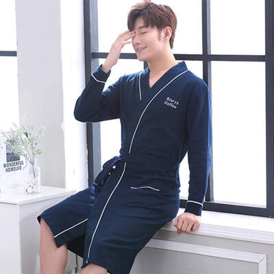 

Spring Autumn Sling Mens Robe Long-sleeve Cotton Bathrobe Loose Plus Size Strap Sleepwear Pajamas