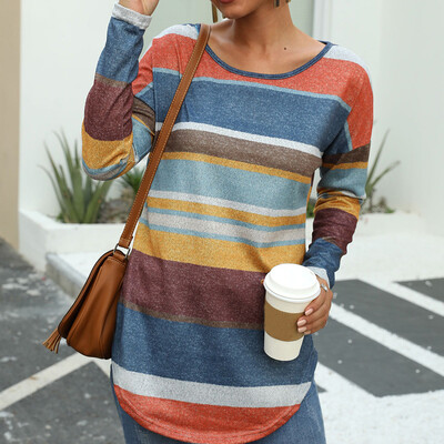 

Tailored Womens Color Stripe Printed Round Neck Long Sleeve Slim T-Shirt Top