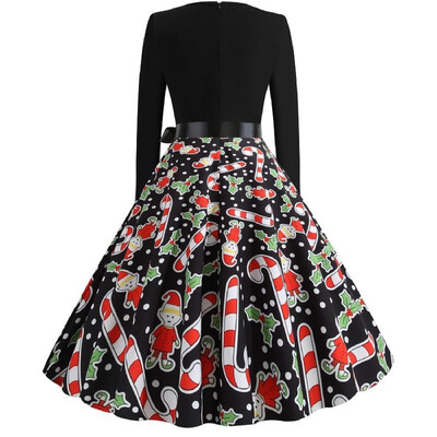 

L8075 cross-border Christmas retro large size womens autumn&winter round neck long-sleeved color print large dress black