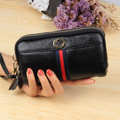 

2019 new cowhide leather European&American fashion mobile phone bag double zipper ladies clutch bag purse handbag