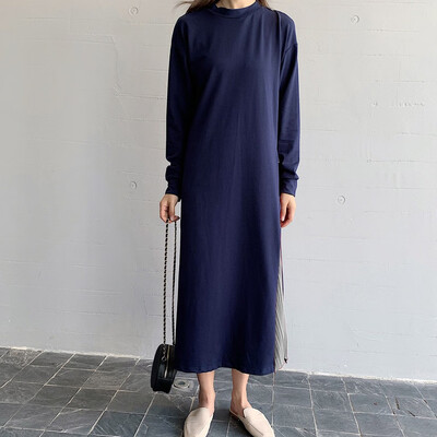 

Tailored Women Casual Solid O-Neck Dress Long Sleeve Big Swing Pleated Dress