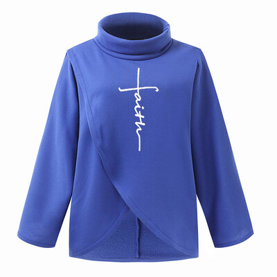 

New Autumn And Winter Fashion Casual Women Faith Letter Print Sweatshirt High Collar Splice Loose Blouse Tops