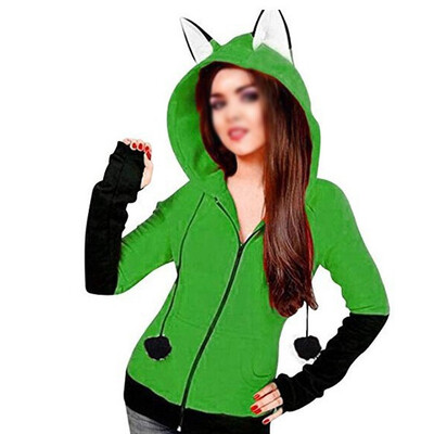 

Women Long Sleeve Casual Coat Cartoon Zipper Hoodie Color Block Sport Sweatshirt