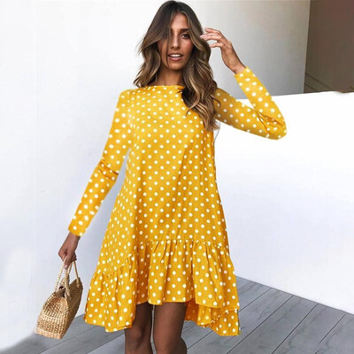 

Fashion Women Polka Dot Dress Long Sleeves O Neck Ruffles Vintage Holiday Boho Beach Casual Shift Dress