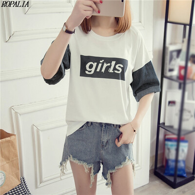 

Womens Round Neck Letter Print Denim Stitching Half Sleeve T-Shirt Korean Style Streetwear O Neck T-Shirts Tops