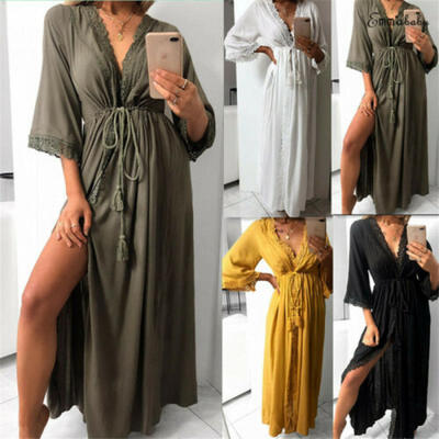 

Women Deep V Lace Kimono Beach Cardigan Bikini Cover Up Beachwear Long Dress