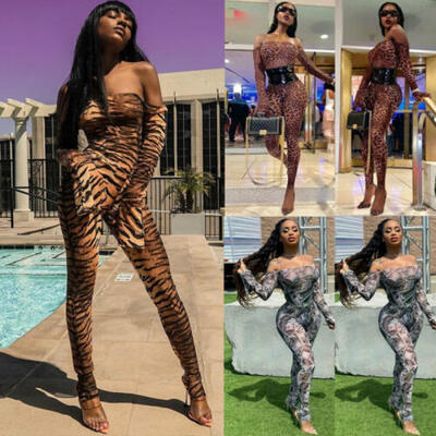 

Sexy Women Leopard Print Jumpsuit Long Sleeve Off Shoulder Bodycon Club Romper