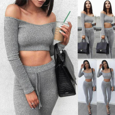 

New Women Crop Top BlousePants Two-piece Playsuit Bodysuit Jumpsuit Romper Set