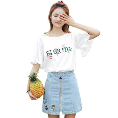 

Embroidery Letter Print T-shirts Women Summer O-neck Flare Sleeve Tees Tops