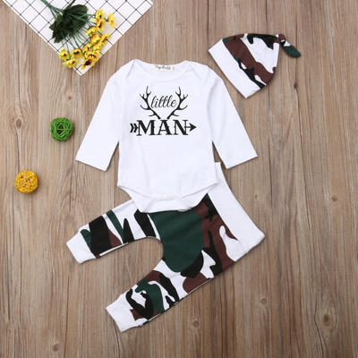 

Infant Newborn Baby Boy Camouflage Pants Set Little Man White Long Sleeve Bodysuits Tops Camo Long Pants Hat Winter 3Pcs