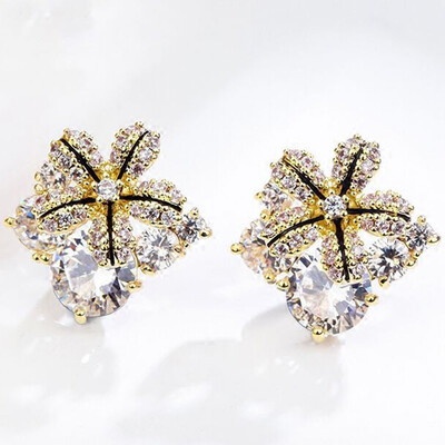 

1 Pair Two-Tone Gold-Plated Zircon Inlaid Stud Square Flower Earrings Wedding Jewelry For Women
