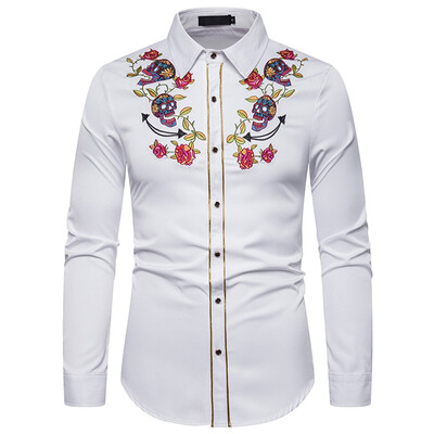 

Tailored Mens Leisure Fashion Embroidery Printing Lapel Long Sleeve Shirt Top Blouse