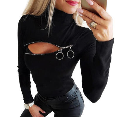 

Slim T-shirt Women Long Sleeve Tops Zipper Sexy Solid Color Pullover Tops