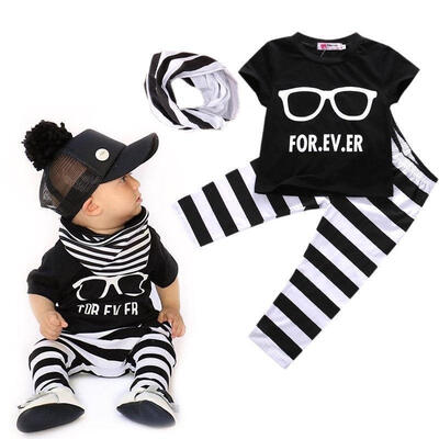 

Toddler Baby Boy 3PCS Set T-shirt Stripe Pants Leggings Scarf Outfits Clothes 0-24M