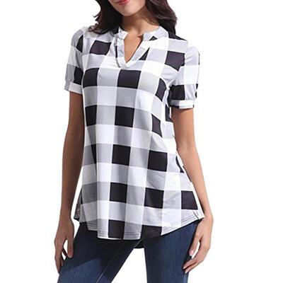

Women Shirts Plaid Printed Short Sleeve V-Neck Irregular Hem Blouses Tops