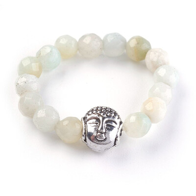 

Natural Amazonite Strech Rings with Alloy Buddha Beads Faceted Round Antique Silver Size 8 18mm