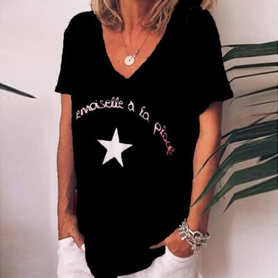 

Starmoon Women Casual V Neck Letter Print Short Sleeve Ladies Top Shirts Blouse