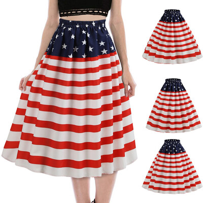 

Roseonmyhand Women Fashion American Flag Print Evening Party Prom Swing Elastic Band Skirt