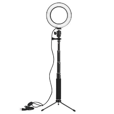 

6 Inch Mini LED Video Ring Light Lamp Dimmable 3 Lighting Modes USB Powered with Telescopic Light Stand Mini Desktop Tripod for Ne