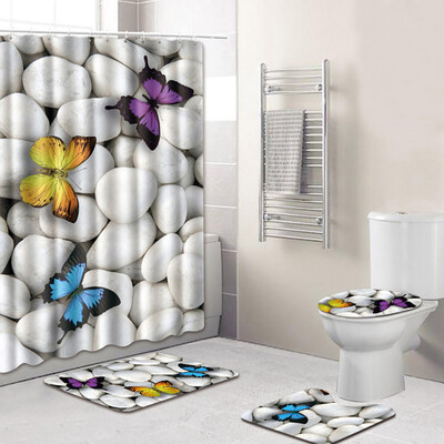 

〖Follure〗4PCS Sea Style Non Slip Toilet Polyester Cover Mat Set Bathroom Shower Curtain