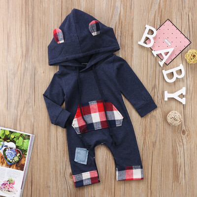

Newborn Baby Boy Girl Grid Hooded Romper Jumpsuit Bodysuit Clothes Outfits