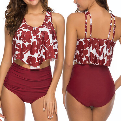 

Saidsome Women Two Piece Plus Size Sexy Backless Halter Beach Printed Swimwear Set