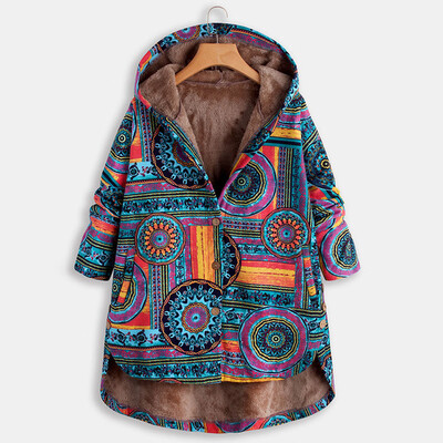 

Toponeto Women Vintage Ethnic Print Quilted Fleece Hooded Long Sleeve Button Winter Coat