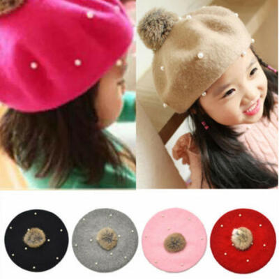 

US Fashion Wool Hats with Pearls Retro Baby Girl Beret Cap for 3-6 Years Gift