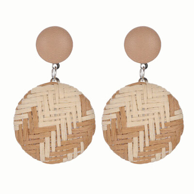 

Boho Women Geometric Round Button Woven Straw Dangle Stud Earrings Jewelry