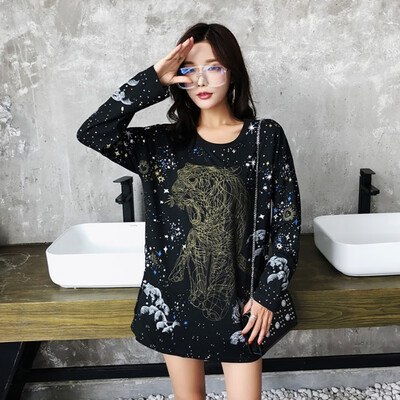 

Autumn Long Sleeve Black T-Shirt Women Hip Hop Tiger Print Streetwear Tops Ladies Starry Sky Print O-Neck Long T Shirt Tops