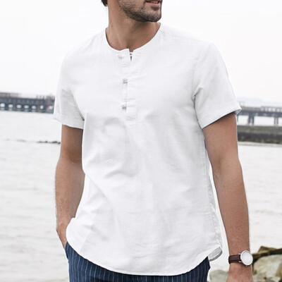 

Toponeto Mens Baggy Cotton Linen Button Solid Short Sleeve O-Neck T Shirts Tops Blouses