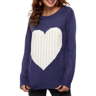 

Autumn Women Sweaters Knitted Heart Pattern Print Long Sleeve Loose Tops
