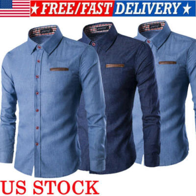 

Mens Luxury Casual Denim Shirt Long Sleeve Slim Fit Business Dress Shirts TOPS