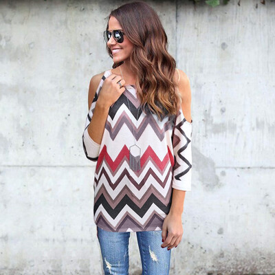 

Roseonmyhand Womens Casual Autumn Long Sleeve Off Shoulder Striped Print Shirt Blouse Top