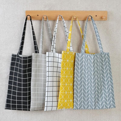 

Women Cotton Linen Eco Reusable Shopping Tote Handbag Fashion Plaid Shoulder Bag