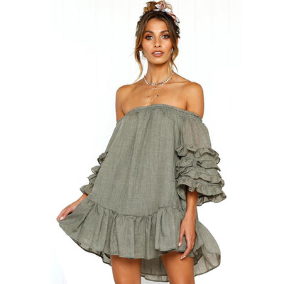 

Women One Word Collar Strapless Short Sleeve Solid Color Loose Mid-Length Casual Dress