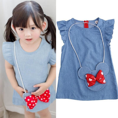 

2pcs Summer Toddler Kids Baby Girl Dress Minnie Mouse Bag Ruffles Bow Demin Casual Dresses Clothes 1-5Y