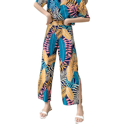 

Women Summer Casual Retro Print Bohemian Wide Leg Pants High Waist Leaves Print Trousers Beach Holiday hawaii Pants