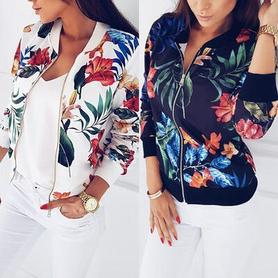 

Fashion Women Retro Floral Zipper Bomber Jacket Coat Outwear Stylish Casual Tops