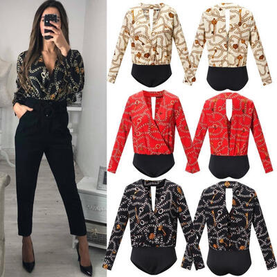 

Fashion Ladies Long Sleeve V-neck Bodysuit Jumpsuit Romper -XL