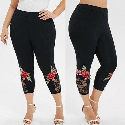 

Gobestart Fashion Women Plus Size Applique Lace Splice Solid Elastic Casual Leggings Pants