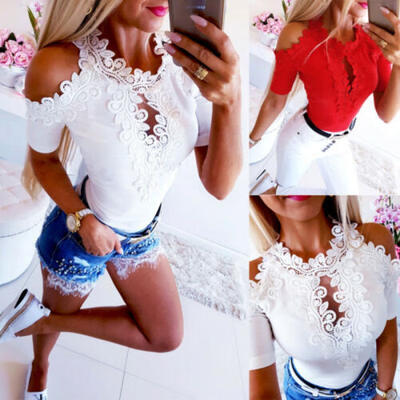 

US Women Cold Shoulder Lace T-shirt Tops Ladies Short Sleeve Casual Shirt Blouse