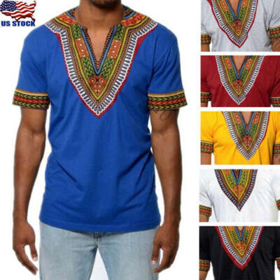 

African Tribal Shirt Men Dashiki Print Succinct Hippie Top Blouse Clothing US