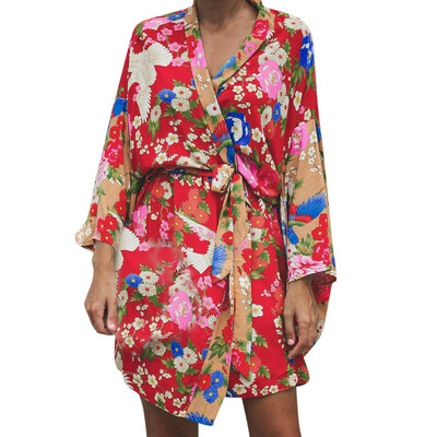 

Toponeto Women Long Sleeve Printed Shawl Beachwear Bandage Cardigan Tops Cover Up Blouse